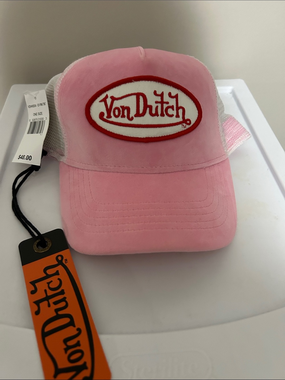Von Dutch Light Pink Trucker Hat with Red Logo